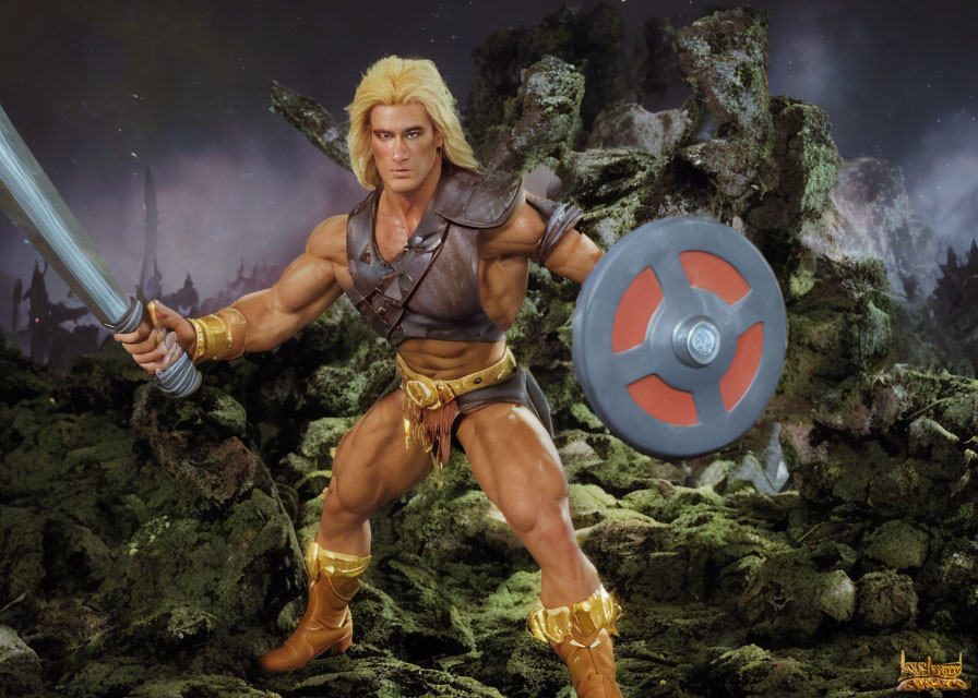 Blond-Haired Action Figure with Sword and Shield in Rocky Setting