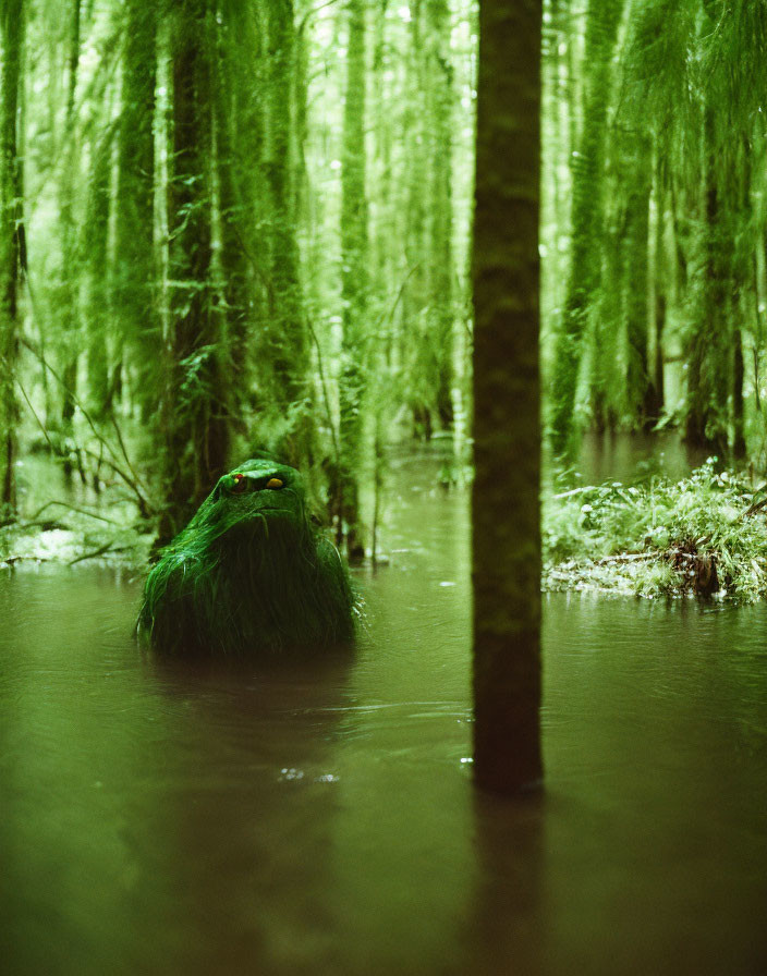 Figure covered in moss in flooded forest with tranquil water.