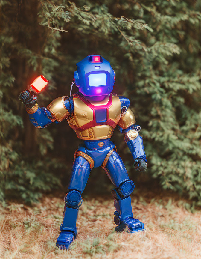 Colorful Robot Action Figure in Dynamic Pose Outdoors with Gold and Blue Scheme