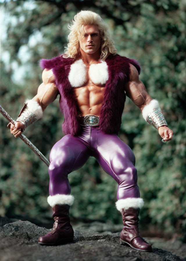 Blonde muscular warrior in purple costume with sword