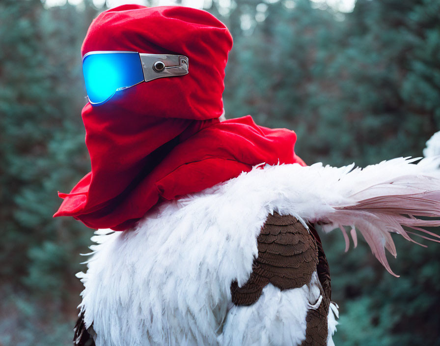 Person in red hood and futuristic goggles with bird-like costume in white feathers and brown texture