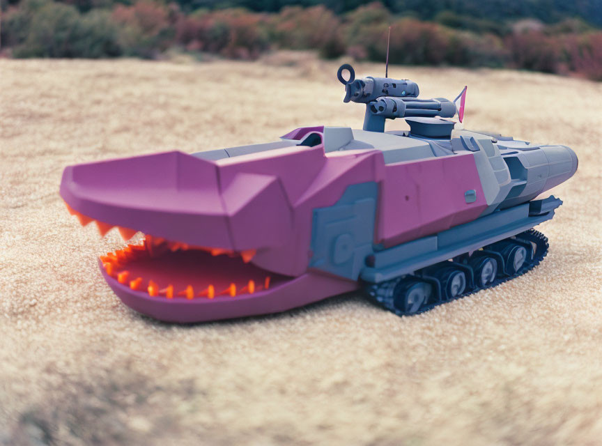 Pink and Gray Shark-Themed Toy Tank Outdoors