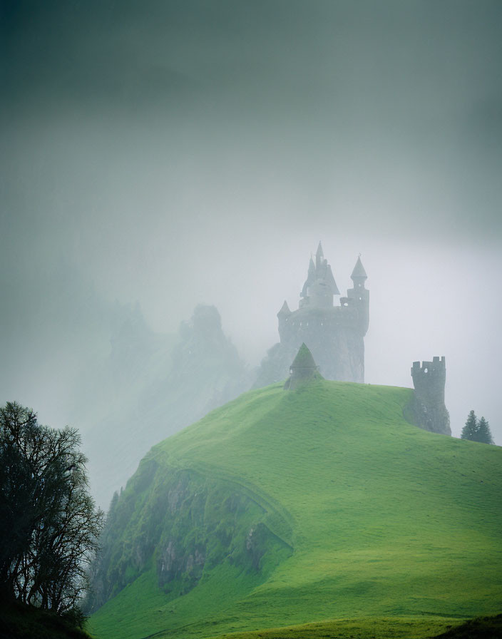 Mysterious Castle on Foggy Hill with Tree & Green Grass