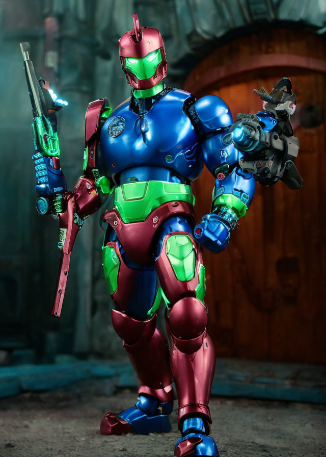 Detailed Mecha Action Figure with Red, Blue, and Green Armor Holding Rifle