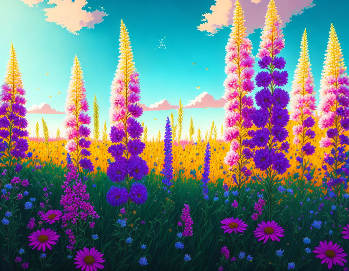 Vibrant purple lupines in flower field at sunset