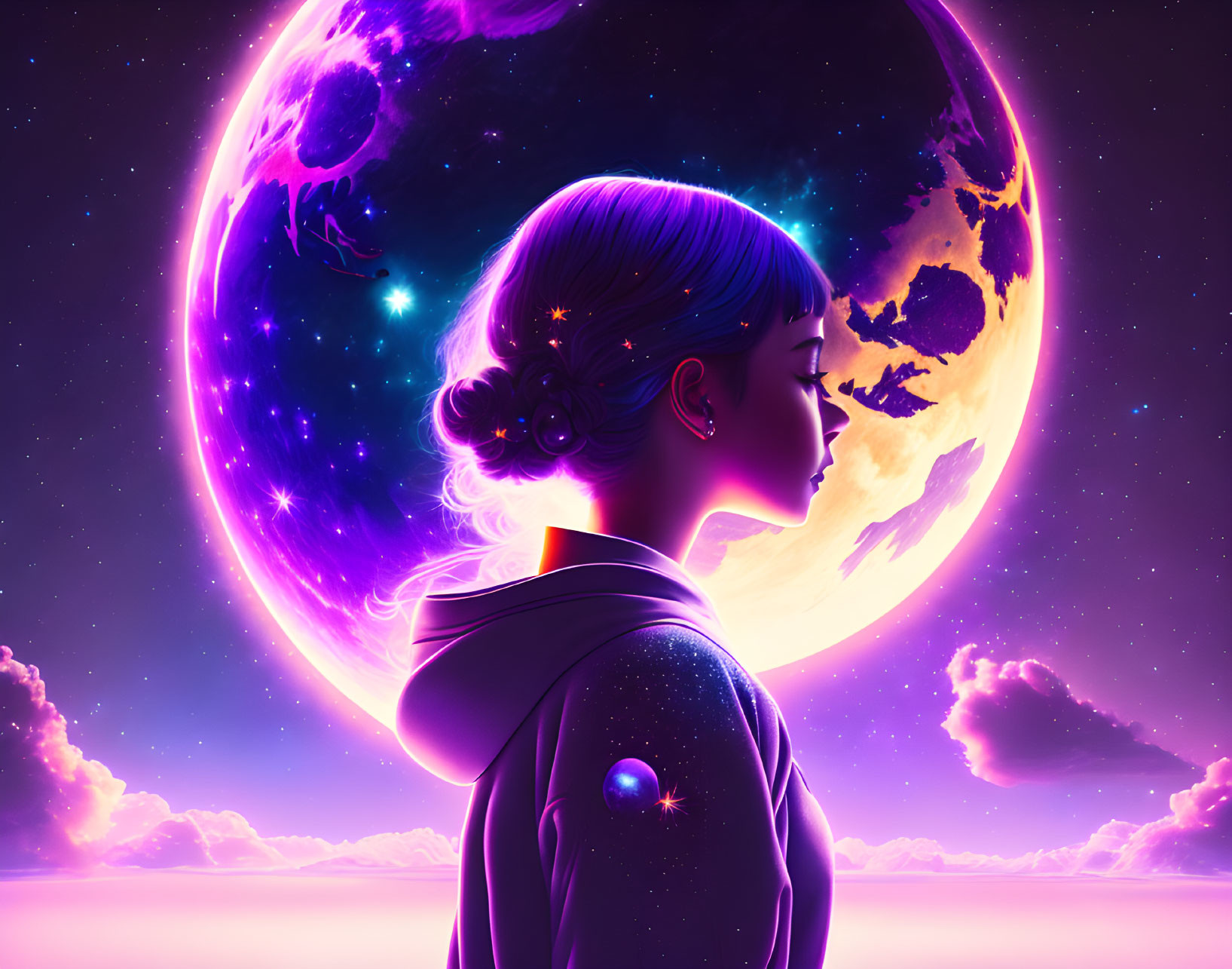 Person's Side Profile Against Cosmic Backdrop with Moon and Stars in Purple and Pink Hues