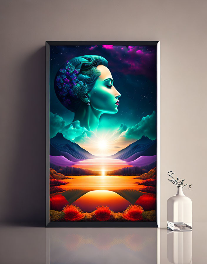 Framed digital art of woman's profile with cosmic landscape on beige wall