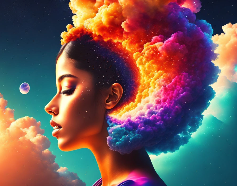 Profile View of Woman with Multicolored Nebula Hair in Cosmic Setting