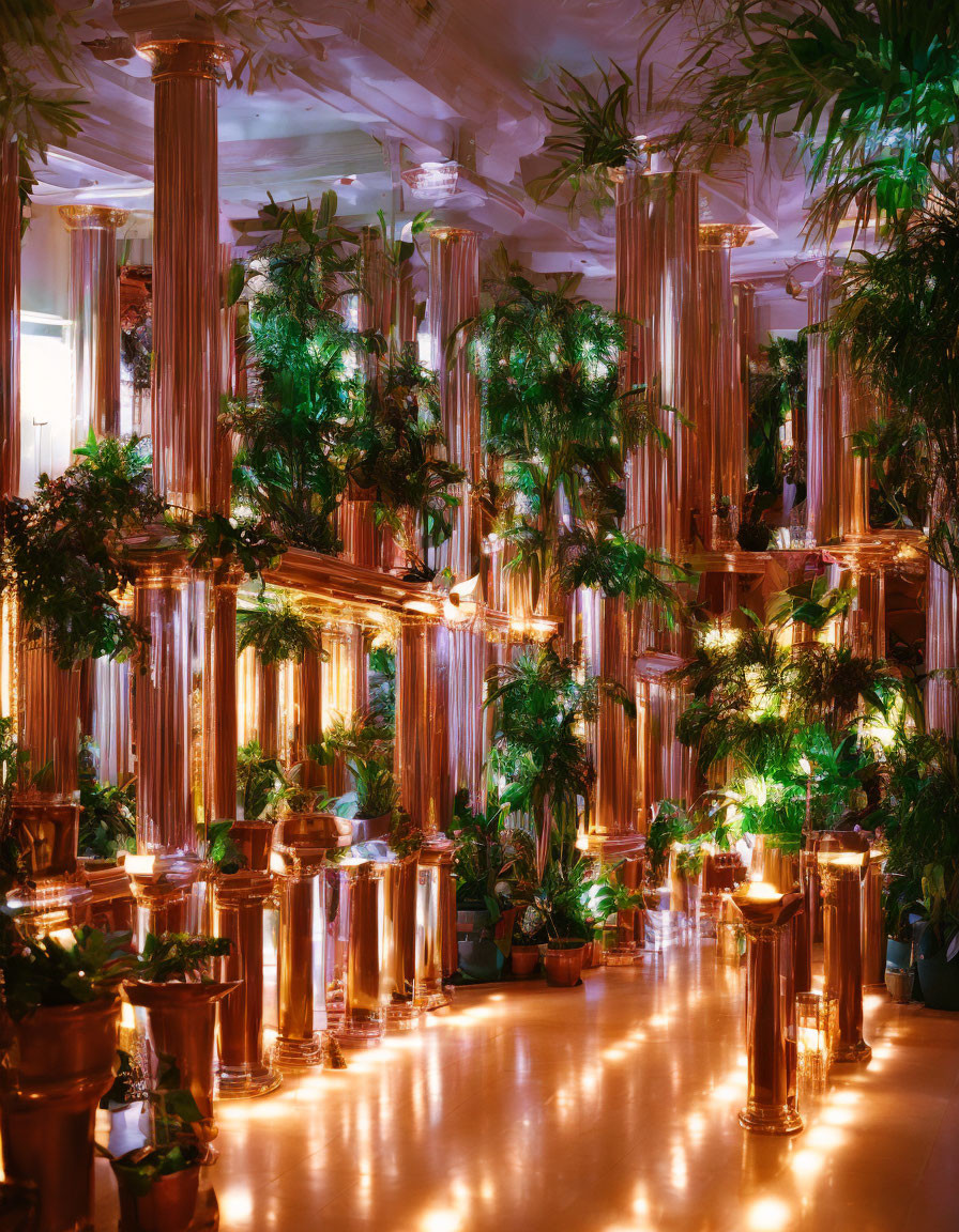 Luxurious Room with Golden Columns, Green Plants, Ambient Lighting