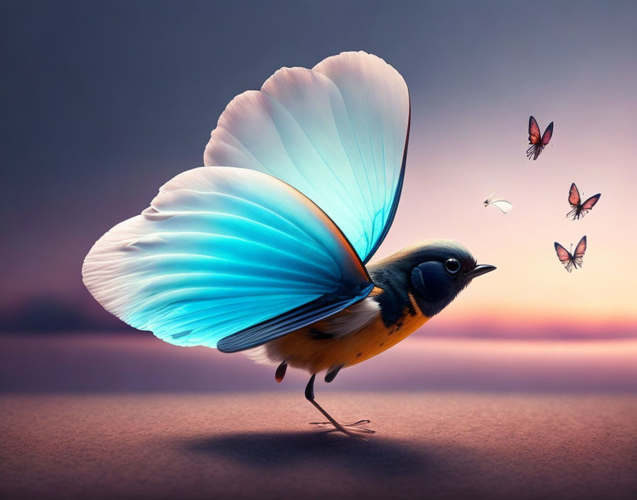 Bird-bodied creature with blue butterfly wings in dusk sky with fluttering butterflies