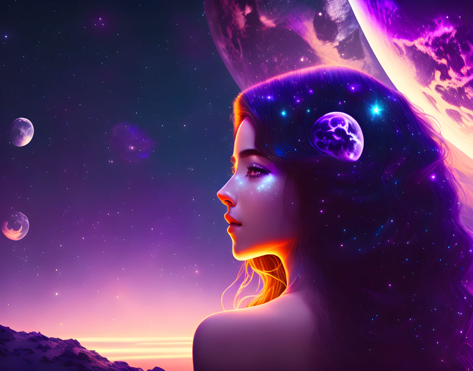 Woman's profile with cosmic-themed galaxy hair and celestial background