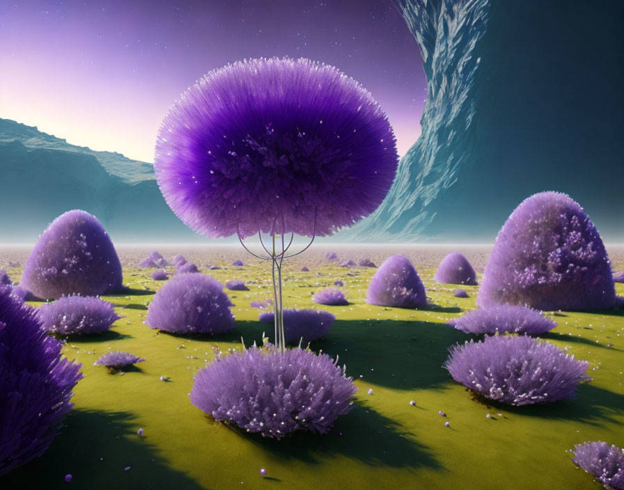 Surreal purple tree-like structures on green surface under starry sky