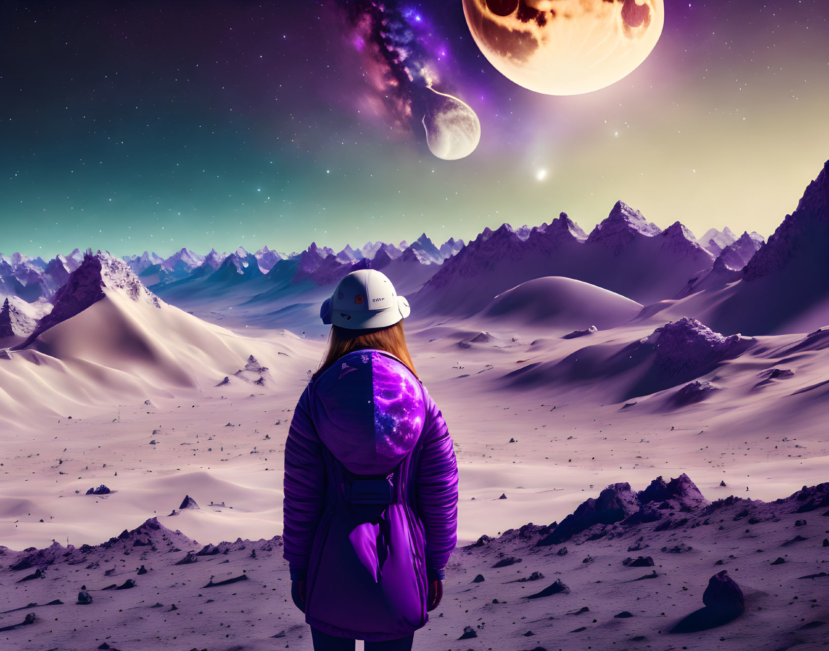 Person in space helmet gazes at starry sky and planets over alien landscape