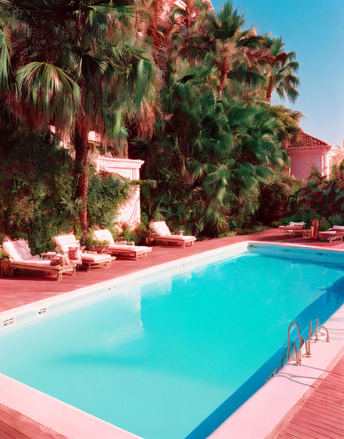 Tranquil outdoor swimming pool with lush palm trees and sun loungers