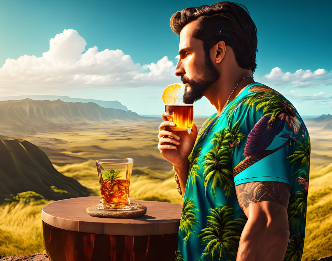 Man in tropical shirt sips drink with lemon slice against serene backdrop of plains and blue skies