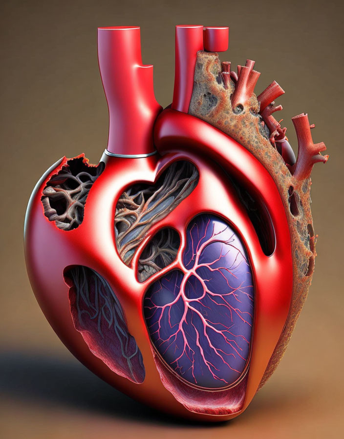 Detailed 3D Rendered Human Heart Illustration with Cutaway View