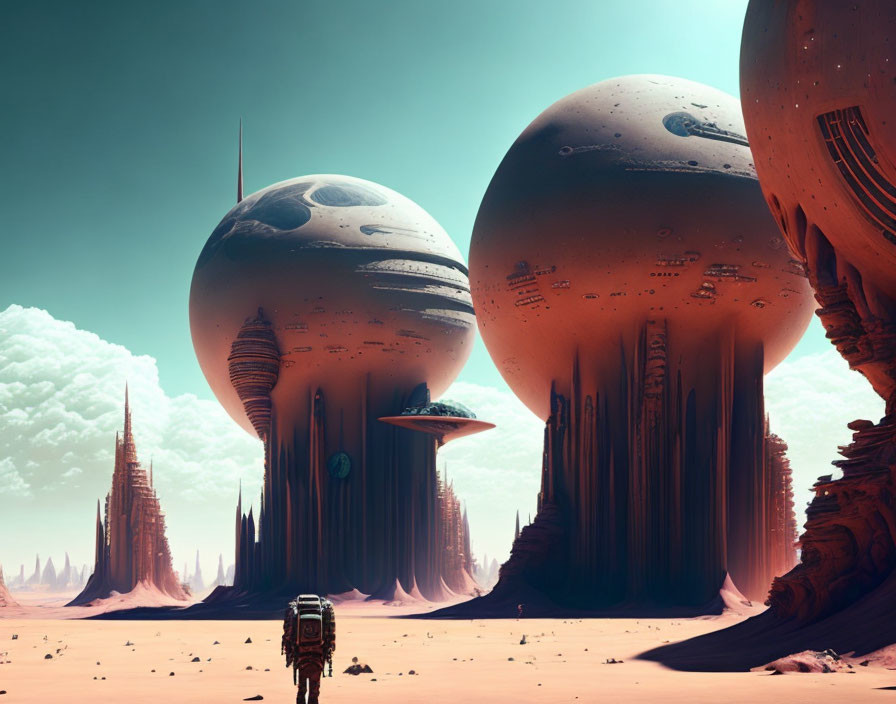 Futuristic desert landscape with towering spires and spherical structures