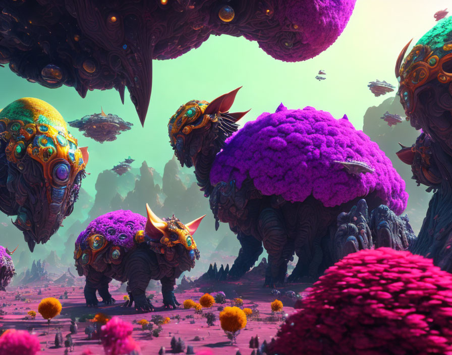 Vibrant purple and orange surreal landscape with fantastical creatures