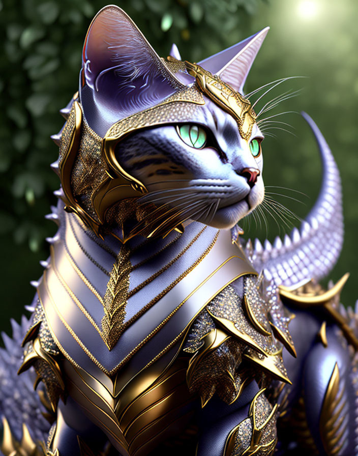 Digital Art: Regal Cat in Golden Armor with Green Eyes