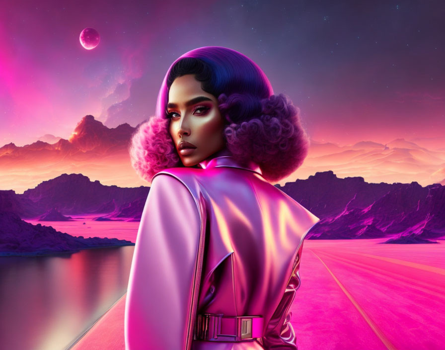 Futuristic portrait of woman in shiny pink outfit on alien landscape