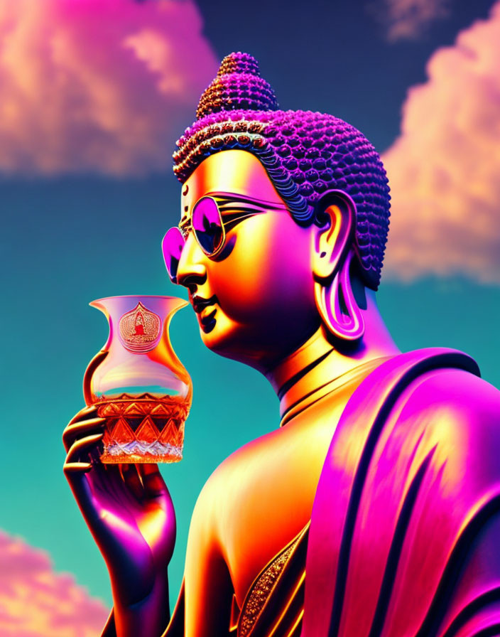 Vibrant Buddha Figure with Sunglasses and Fragrant Bottle on Colorful Background