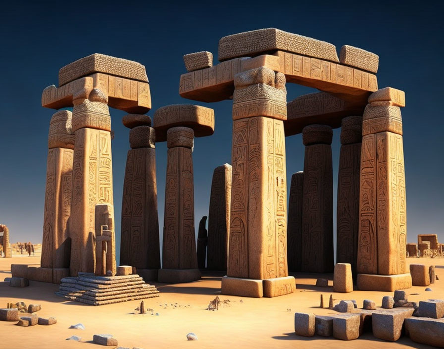 Megalithic Structure with Stone Pillars and Carvings in Desert Sky