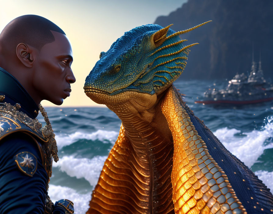 Armored man gazes at blue and gold dragon by the ocean with a ship.