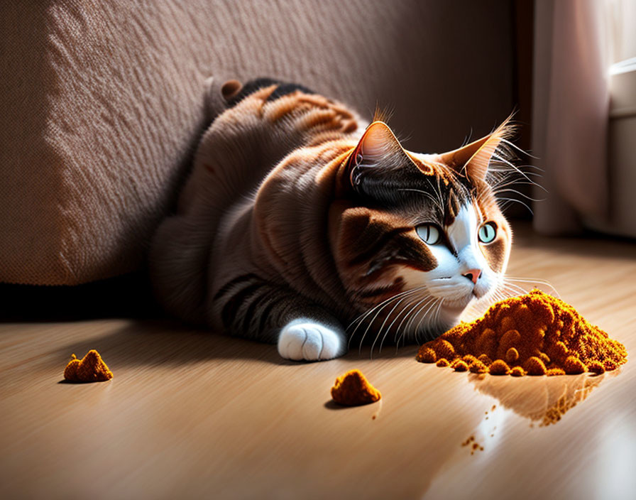 Striped Cat with Green Eyes Beside Spilled Cat Food in Sunlit Room