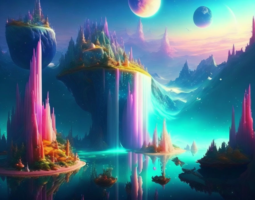 Colorful Fantasy Landscape with Floating Islands & Moons