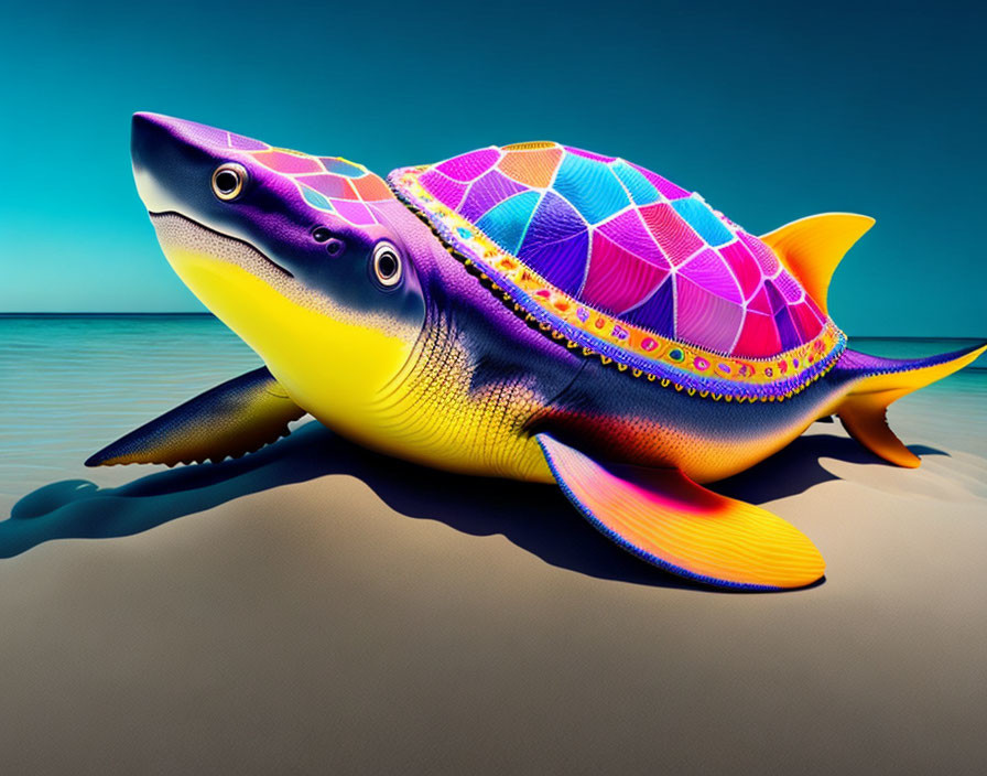 Colorful Sea Turtle Artwork on Beach Background