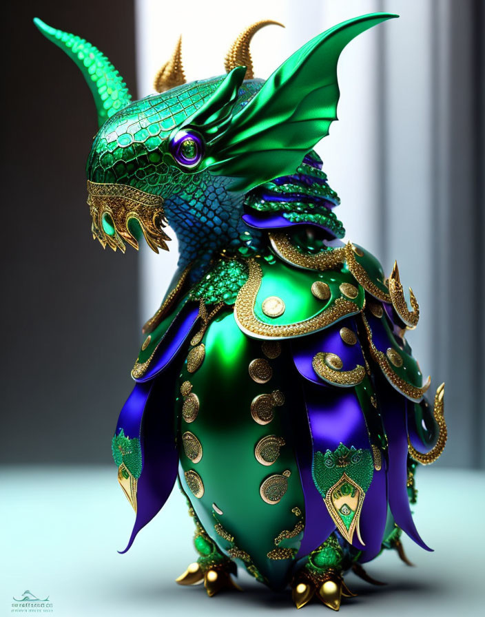 Colorful 3D mythical creature in green and gold robe