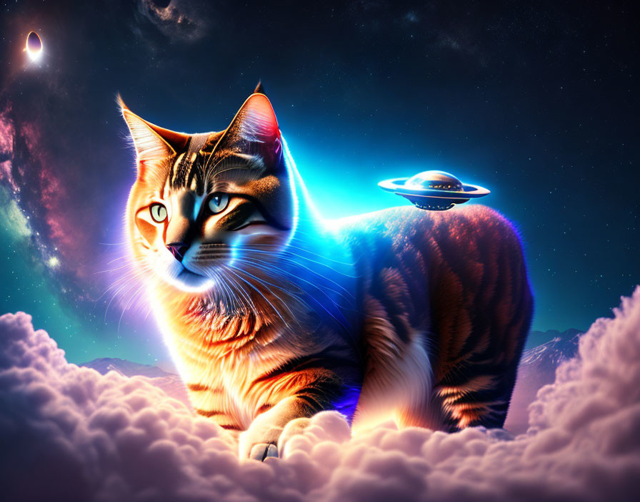 Majestic cat with striking markings in cosmic setting