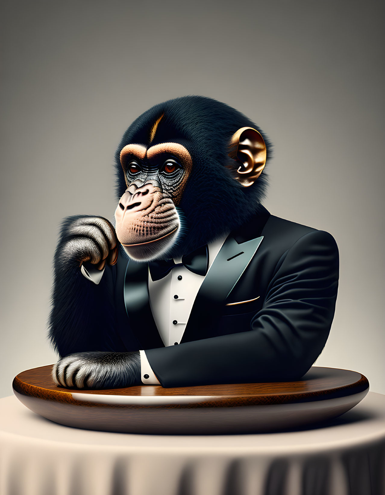 Monkey in tuxedo posing thoughtfully on wooden surface