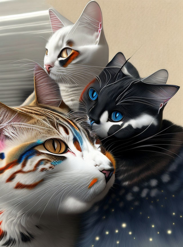 Three stylized digital artwork cats with vibrant eyes and intricate fur patterns on a soft background