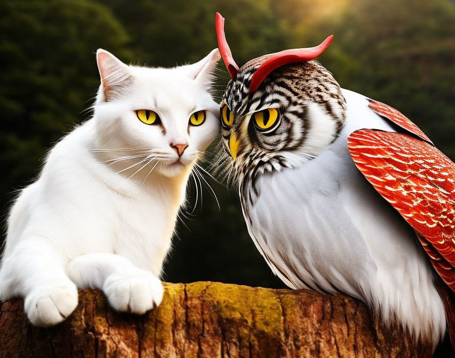 White Cat and Owl with Yellow Eyes on Log in Forest Scene