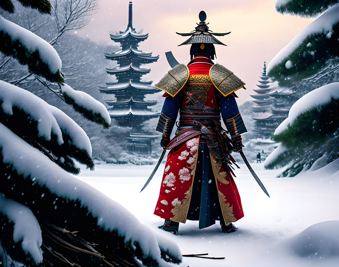 Traditional samurai in armor in snowy pagoda scene.