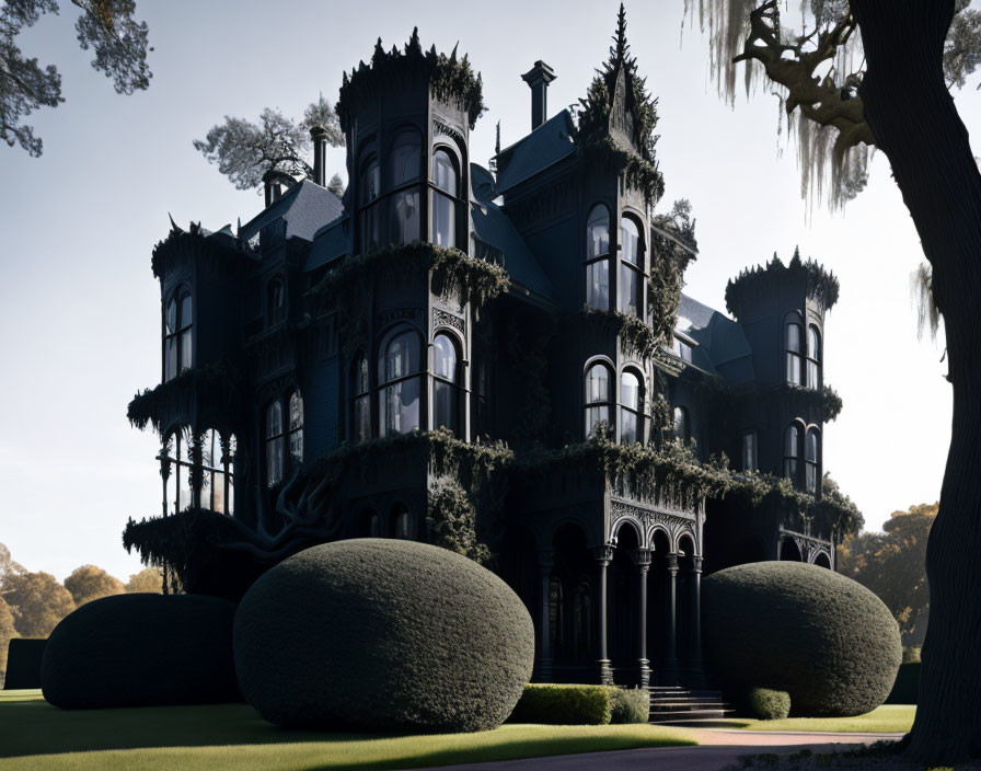 Gothic Victorian mansion with manicured gardens and ivy under clear dusk sky