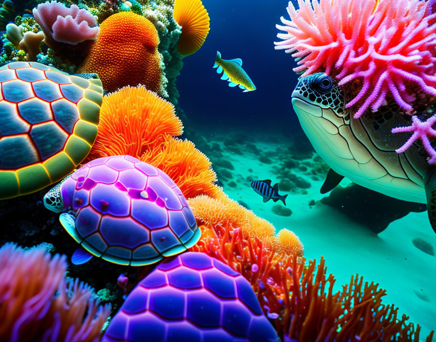 Colorful Underwater Scene with Turtles, Corals, and Fish