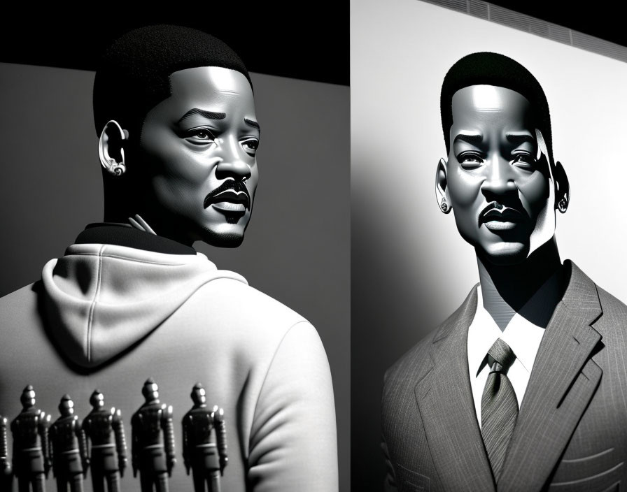 Black and White Diptych of Man in Hoodie and Suit & Tie