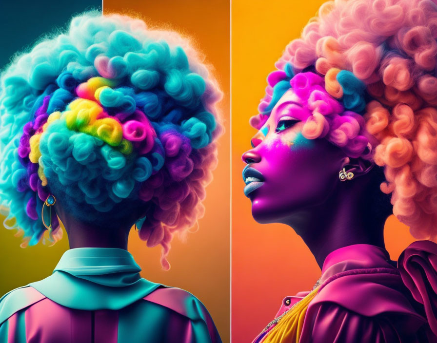 Split-image portrait of woman with colorful curly afro on orange and blue background