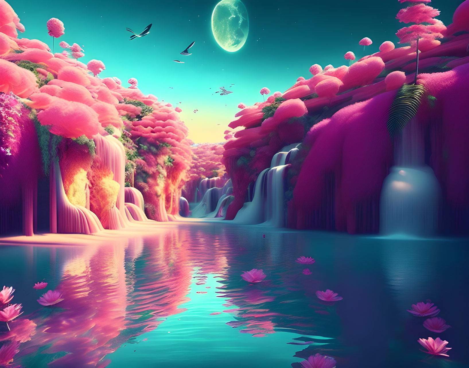 Surreal landscape with pink trees, waterfalls, serene lake, lotus flowers, birds,