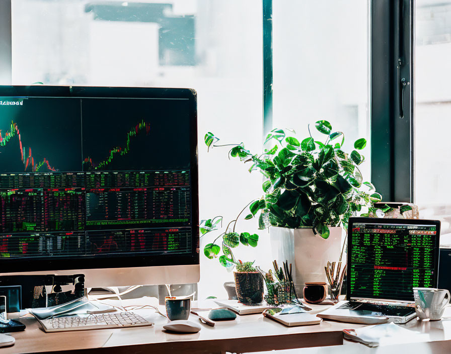 Modern office desk with multiple screens, stock market charts, plant, and supplies.