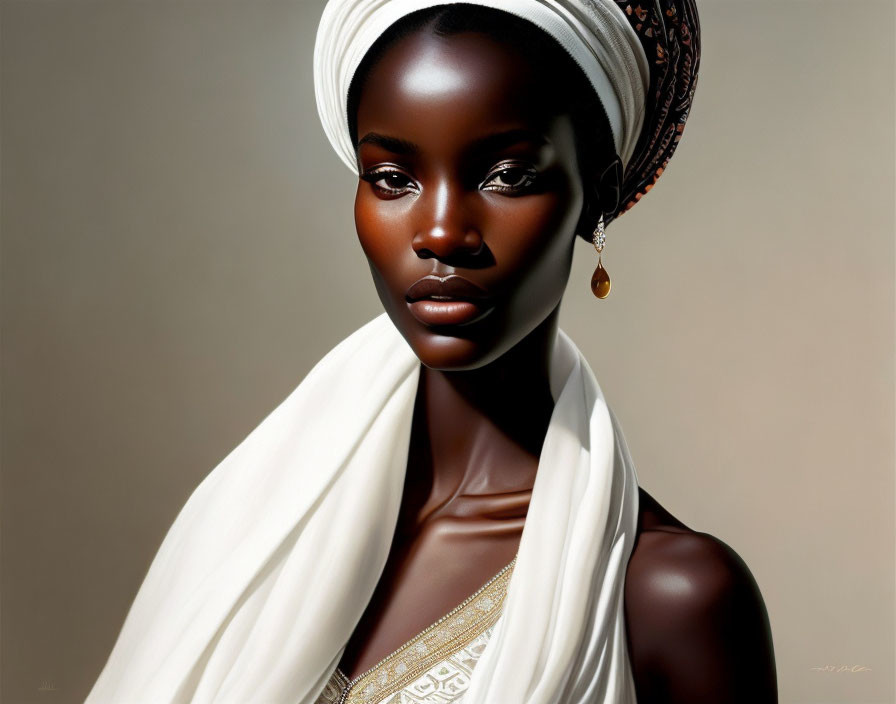 Dark-skinned woman in white headwrap and gold earring, solemn expression