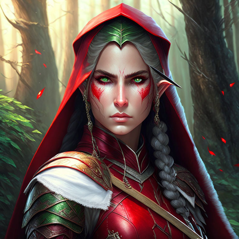 Elf with Green Eyes in Red Hood Surrounded by Swirling Red Leaves