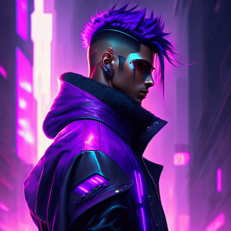 Stylish person with mohawk and futuristic sunglasses in neon-lit cyberpunk cityscape