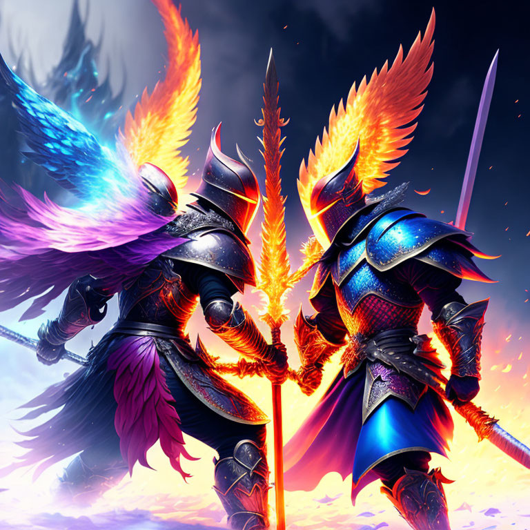 Armored fantasy warriors with flaming wings and weapons in mystical setting