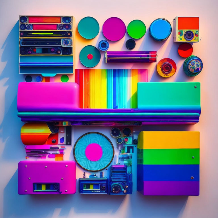 Vibrant Rainbow Retro Electronics and Media Collection