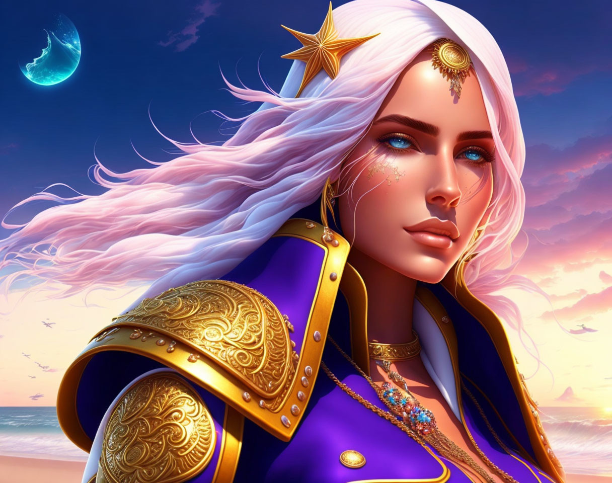 Digital art portrait of woman with white hair, blue eyes, gold tiara, shoulder armor, purple