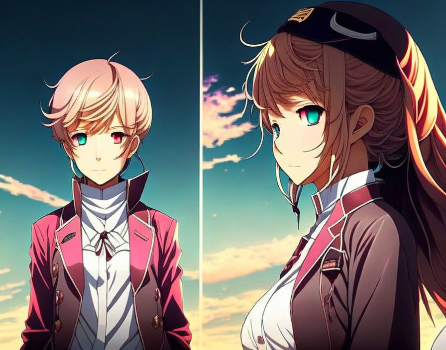 Anime-style characters with unique hairstyles and eyes in red and white uniforms on sunset sky backdrop