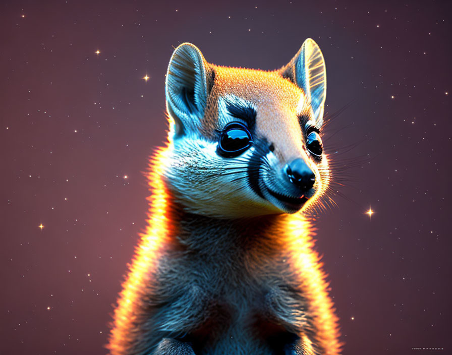 Stylized anthropomorphic meerkat with glowing outline on starry backdrop